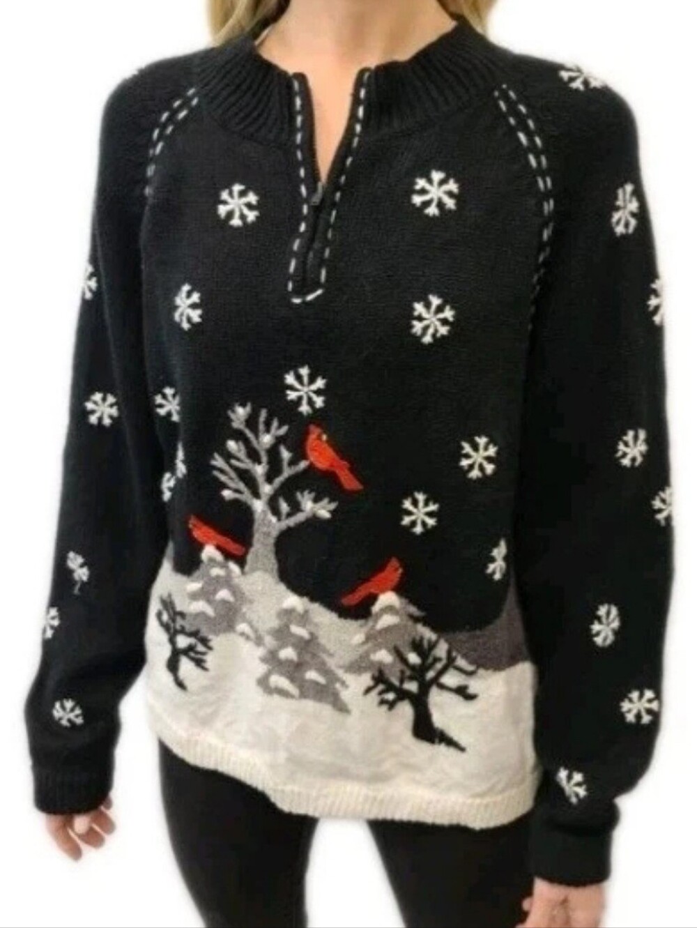 Vtg Mandal Bay Cardinal & Snow Embroidered Sweater Womans L Christmas 1/4 Zip